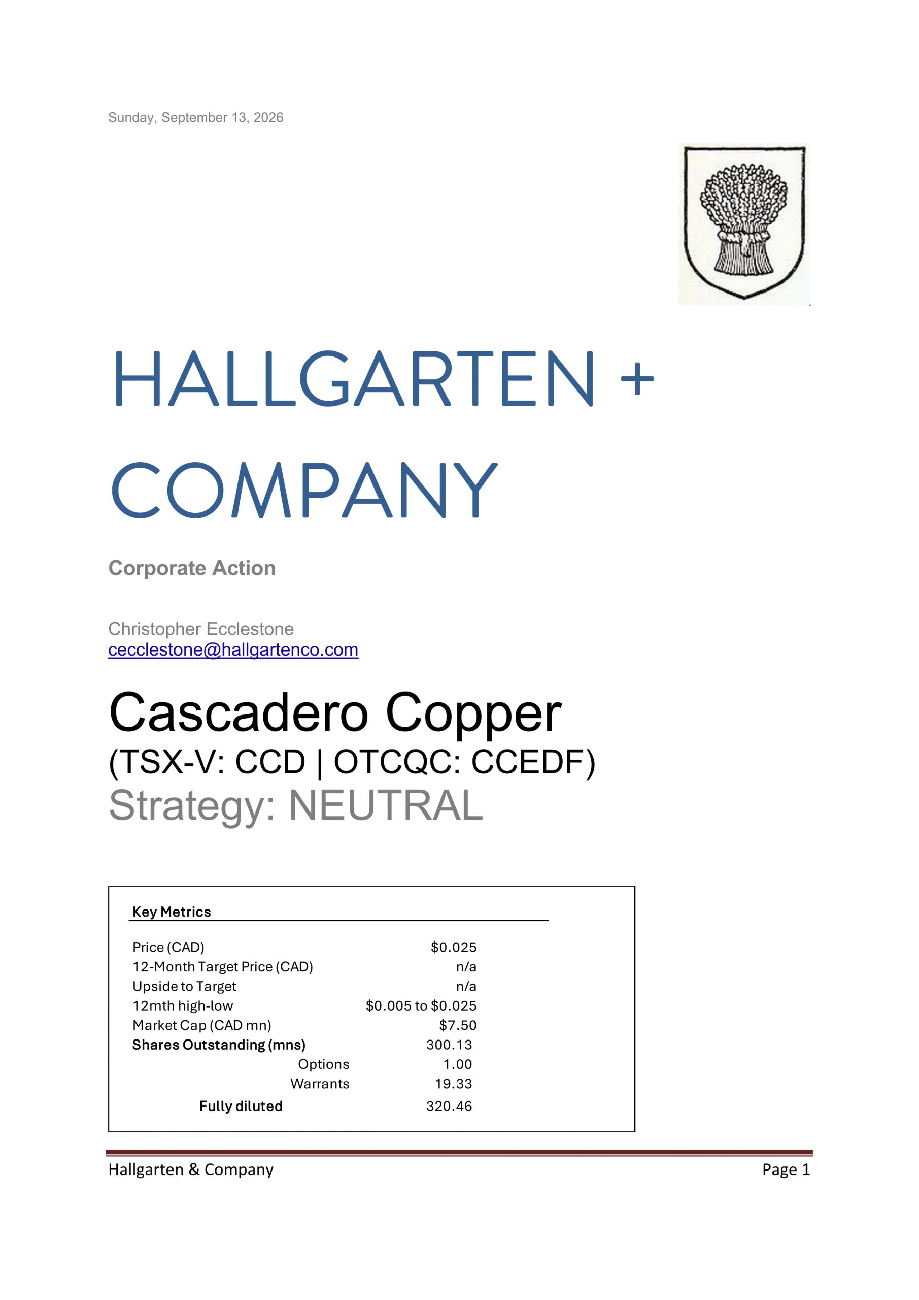 Cascadero Copper Restructuring